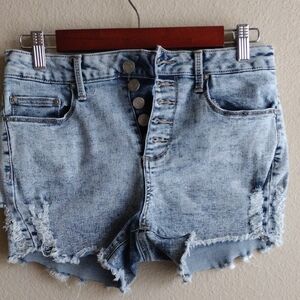 Indigo Rein Blue Jean Shorts with Distressed Raw Hem
